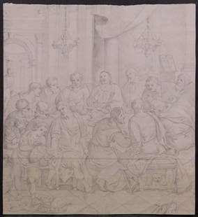 Classical Last Supper Drawing: 20th Century Last Supper Drawing on paper, glued to a sheet of heavy paper. Unsigned, unframed. 11 x 10.75 inches. Good aged condition, very light surface grime; crease running horizontally through