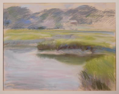 Gilbert: Impressionist Marsh: Gilbert (20th Century): Marsh. Pastel on laid paper. Signed lower left. 20.5 x 25.75 inches Good condition with minor flaws, mat burn around the edges; the paper is hinged to a mat. NOTE: If