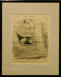 Honore Daumier: Humorous Cartoon (View of the: Honore Daumier (French, 1808-1879): Humorous Cartoon (View of the Boucherie). Stone lithograph signed in the plate, Published in Le Charivari, April 19, 1847, framed. 9 x 12" paper, 14 1/2 x 18 1/2"