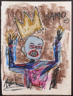 Jean-Michel Basquiat, Attributed: Blue Figure (Hands: Jean-Michel Basquiat (American, 1960 - 1988), Attributed: Blue Figure (Hands Up). Oil stick and graphite on paper, signed "SAMO" upper right. ‘Blue Man' contains instances of fingerprints on