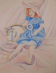 Karen Moss: Doll with Horse: Karen Moss (20th Century): Doll with Horse, 1987. Watercolor on heavy cold pressed paper. Signed in pencil lower right. Unframed. 30.25 x 22.25 inches Good condition with light surface grime around