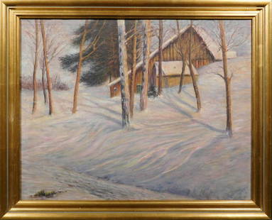 Charles H. Hauser Attr. : Dusk Winter Landscape: Charles H. Hauser (American, 1939-) Attributed : Dusk Winter Landscape. Oil on canvas, unsigned, framed. 18.5 x 22.5 inches framed. Very good condition. NOTE: If documentation is not listed, the lot