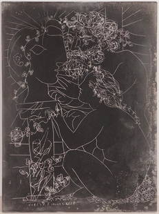 Pablo Picasso Attributed: Zinc Etching Plate,: Pablo Picasso (Spanish, 1881-1973)Attributed: Sculpteur, Modele Accroupi et Tete Sculptee (Sculptor, Model Crouching and Sculpted Head). Zinc etching plate believed to have been used by The