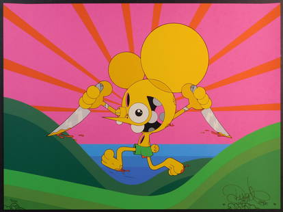 Dalek: Spacemonkey (Running With Sharp Objects): Dalek (American, 1968): Spacemonkey (Running With Sharp Objects), 2020. Full bleed screen print edition 9 of 50 prints. Signed and dated. Printed by DIY printing in Cincinnati, OH for the 25th