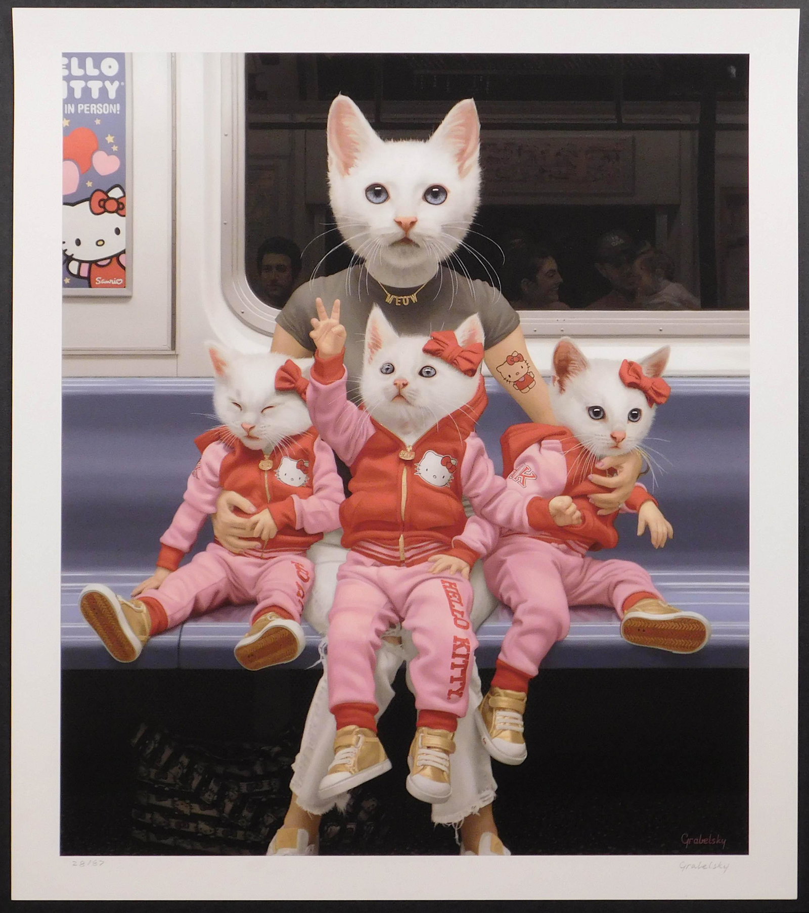 Matthew Grabelsky: Hello Kitties: Matthew Grabelsky (American, 20th Century): Hello Kitties, 2021. Fine art print on Signa Smooth 300gsm. Hand signed and numbered (28/87) by the artist. Published by Thinkspace. Matthew Grabelsky is a