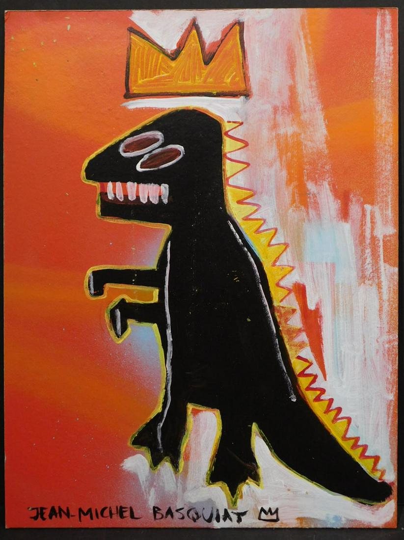 Jean-Michel Basquiat, Manner of: Crown T-Rex: Jean-Michel Basquiat (American, 1960-1988) Manner of / Attributed: Crown T-Rex, ca 1988. Acrylic on thick cardboard, signed below. Verso has a label with the Artis's name, item number, and media, and 