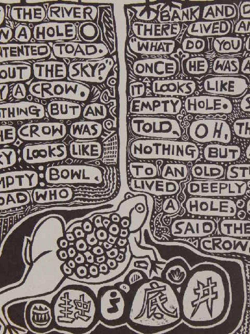 Wang Hui-Ming: Fable Of A Toad And A Crow, Woodcut: Wang Hui-Ming: Fable Of A Toad And A Crow, Woodcut printed at Leonard Baskin's Gehenna Press. Edition of 475, signed in the matrix,1970., 20.5x11.75 in image, Excellent condition., Unframed/never fram