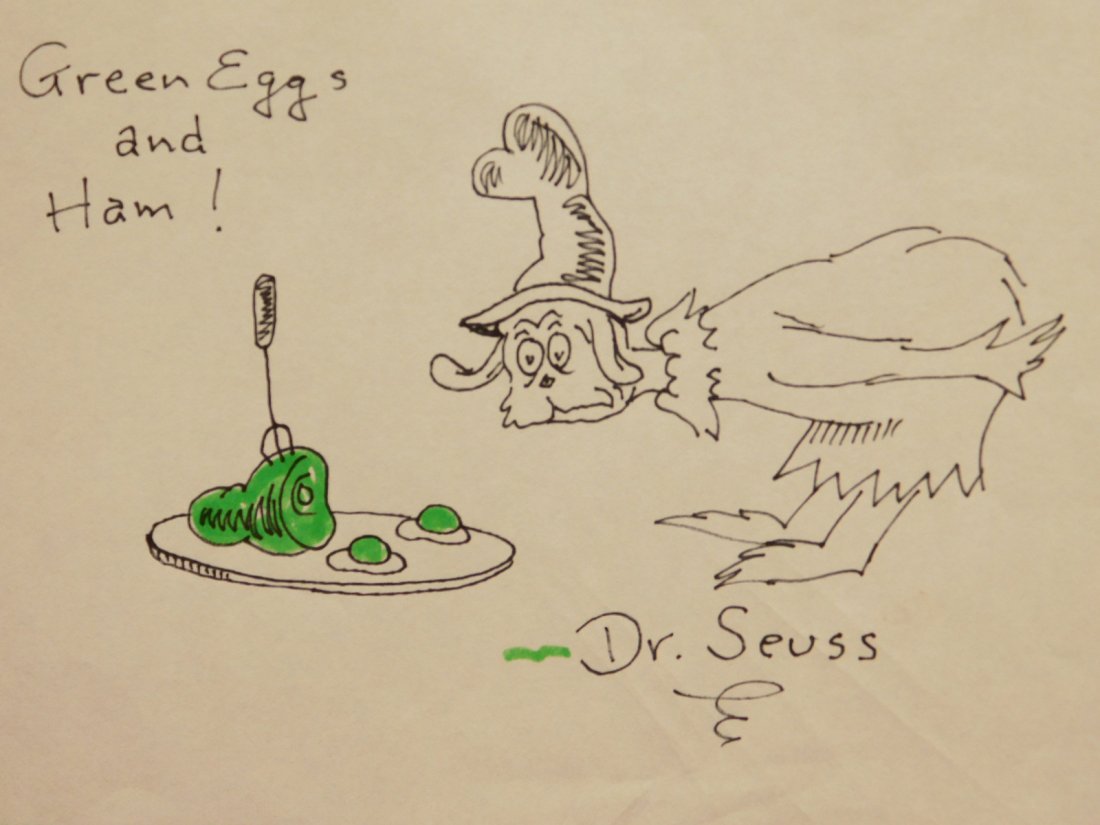 Dr. Seuss: Green Eggs and Ham drawing: Dr. Seuss: Green Eggs and Ham, signed drawing. Ink on white bond paper., approx. 4.32 x 7.5 in., Handling marks, Lack of a condition statement does not imply that a lot is perfect. Please examine phot