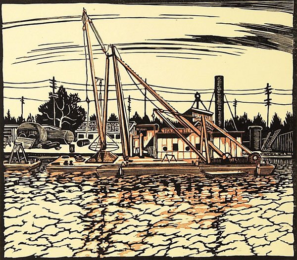 WILLIAM FREDERICK GEORGE GODFREY CPE (1884-19: DERRICKS. Colour woodblock, signed and titled in the margin. Image 23.5 x 26 cm. (9 1/4 x 10 1/4 in.). Sheet 29.2 x 33 cm. (11 1/2 x 13 in.).