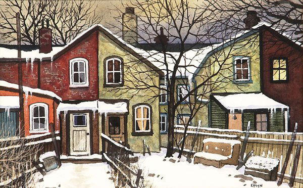 JOHN KASYN OSA, CSPWC (1926 - ): BACKYARD ON RIVER STREET. Watercolour, signed; signed, titled verso and titled artist's label verso backing. 14.6 x 22.8 cm. (5 3/4 x 9 in.).