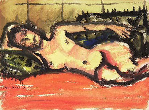 PAUL VANIER BEAULIEU RCA (1910-1990): RECLINING NUDE. Watercolour, signed. 27.9 x 37.5 cm. (11 x 14 3/4 in.).