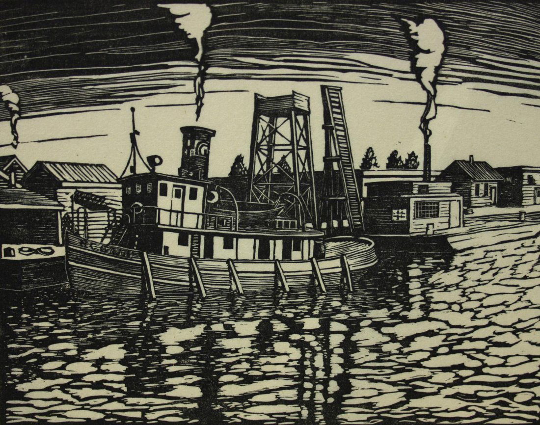 Godfrey, William Frederick George ( 1884-1971): Godfrey, William Frederick George ( 1884-1971)ON THE DON, TORONTOA woodblock print on paper of a tug boat moored at a harbour on the Don River, surrounded by buildings emanating puffs of steam into th