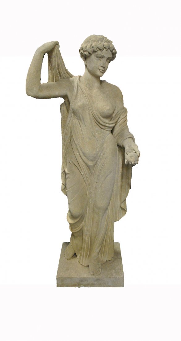 A SANDSTONE GARDEN STATUE OF VENUS HOLDING AN APPLE,: A SANDSTONE GARDEN STATUE OF VENUS HOLDING AN APPLE A large, heavy sandstone statue depicting a scene with Venus from the Judgment of Paris, in which a golden apple was thrown down by her during a wed