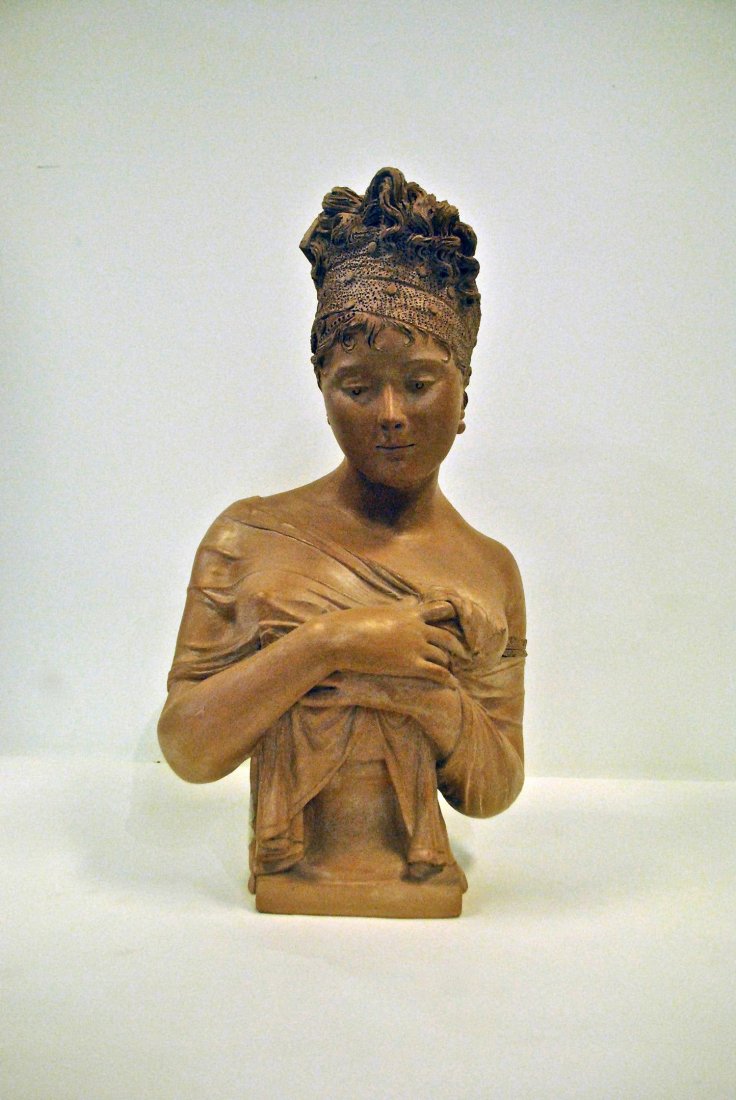 A TERRACOTTA BUST, "RECLAIMER" BY JONCHERY,: A TERRACOTTA BUST, "RECLAIMER" BY JONCHERY A terracotta bust entitled "Reclaimer" by Charles Jonchery, a 19th century French artist of the Romantic Period Paris school. Estimate $/