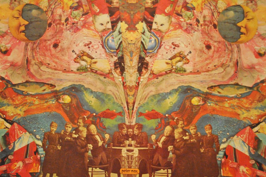 Peter Max, MIDGET'S DREAM #1: Peter Max, American/GermanMIDGET'S DREAM #1Poster, A psychedelic and surreal pop art poster featuring floating cat heads, flying fish, Father Christmas and people of varying heights at playEstimate $1