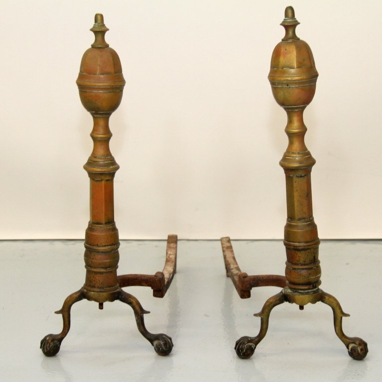 PAIR OF EARLY FORGED BRASS ANDIRONS URN SHAPE: 23"H X 8.5"W X 19"D