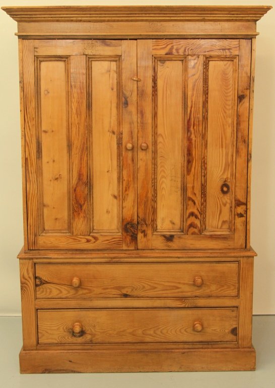 ENGLISH WAXED PINE DOUBLE DOOR LINEN PRESS: 72"H X 50"W X 25.5"D 2 door entertainment cabinet.