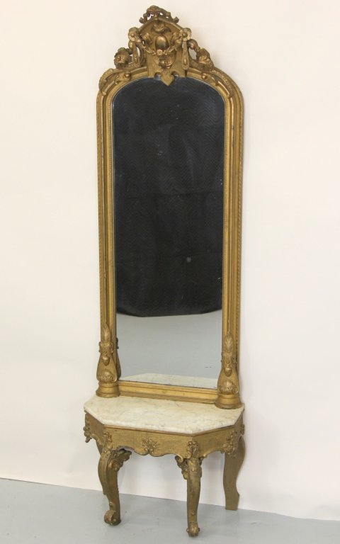 MARBLE TOP TABLE WITH MIRROR CIRCA 1880: 88"H X 27.5"W X 16"D 3 pieces.