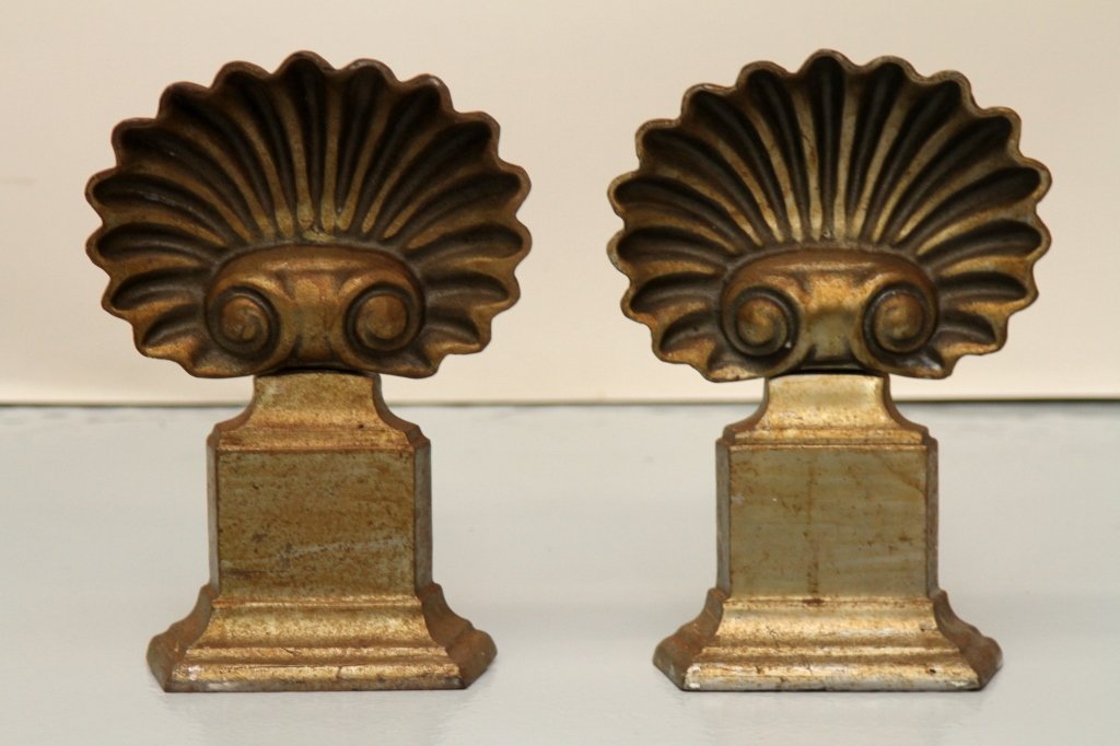 PAIR OF SHELL FORM ANDIRONS: 12.25"H X 9"W X 13.5"D