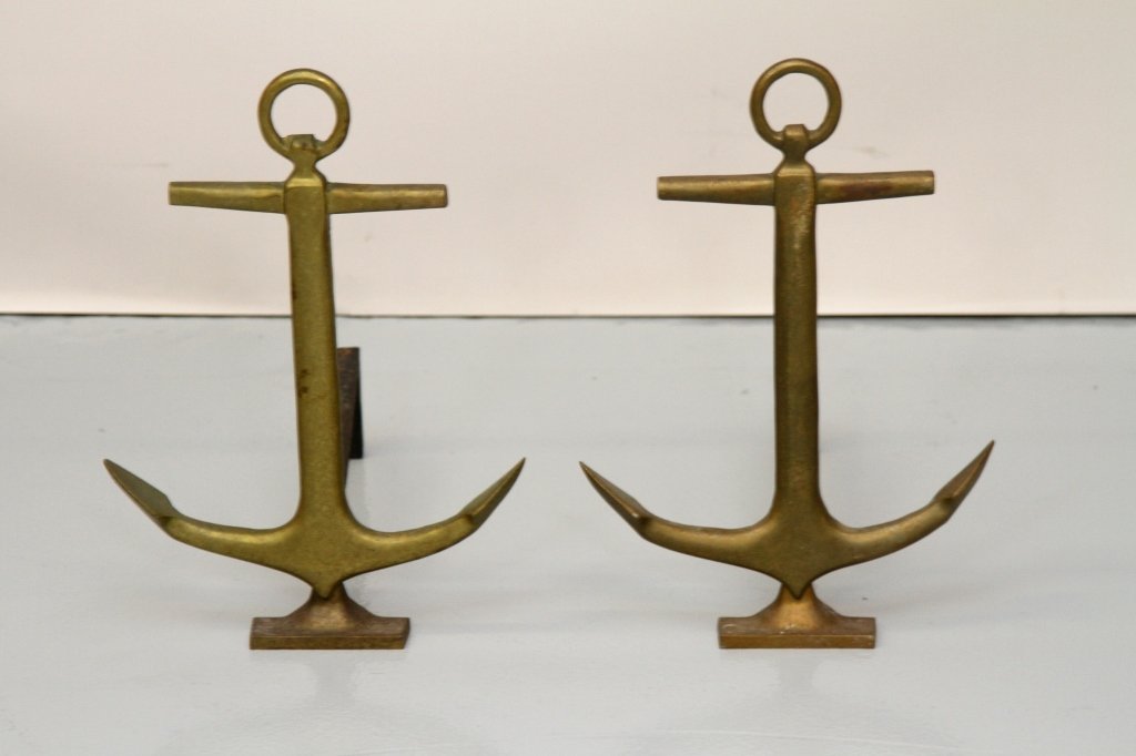 UNUSUAL MARITIME BRASS ANDIRONS IN FORM OF ANCHOR: 17.5"H X 12"W X 15.5"D