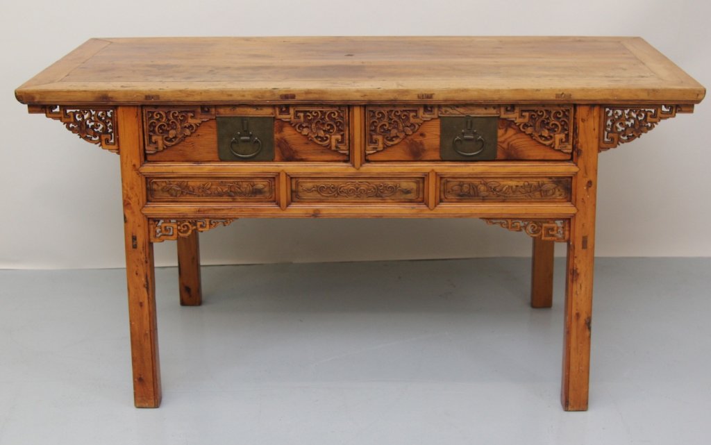 CHINESE CARVED HARD WOOD ALTAR TABLE: Two drawers with locks 32.5"H X 61.25"W X 25.75"W