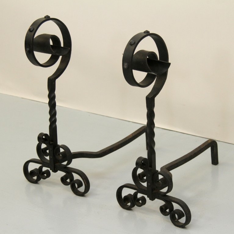 PAIR OF BLACK WROUGHT IRON ANDIRONS: 27.5"H X 12.75"W X 22.75"D