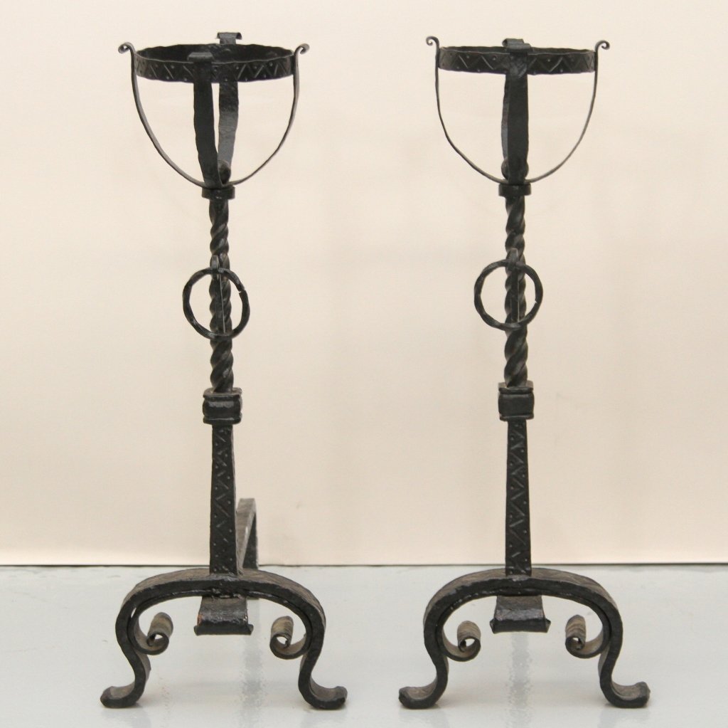 PAIR OF BLACK WROUGHT IRON ANDIRONS: 26.5"H X 9.75"W X 16"D