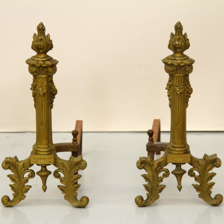 PAIR OF BRASS COLUMN FORM ANDIRONS: 18.25"H X 8.25"W X 18"D