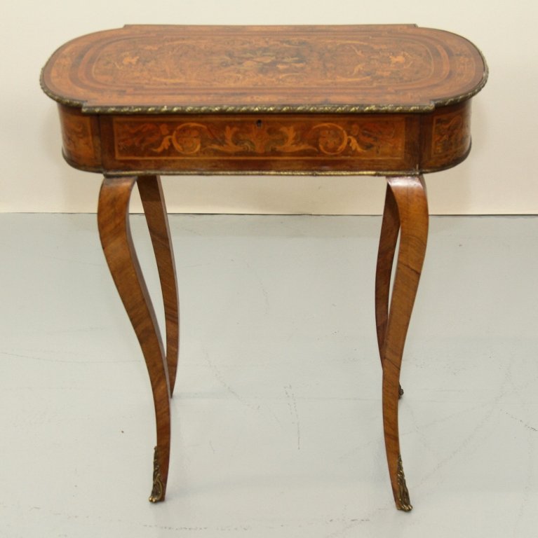 FRENCH PARQUETRY TABLE WITH BRONZE MOUNTS: 28.25"H X 27"W X 17"D