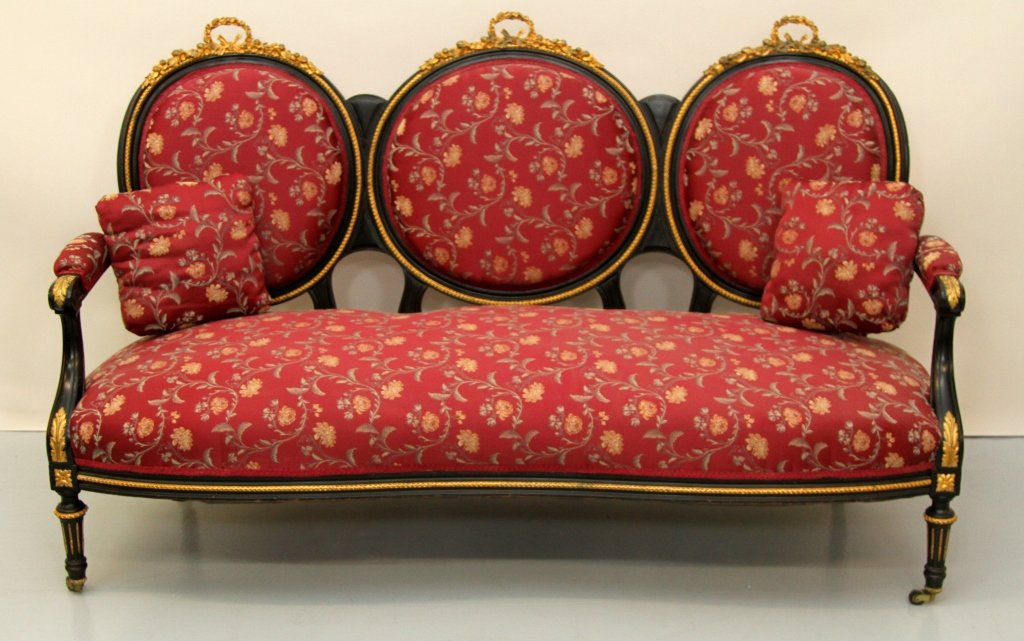 VICTORIAN LOVE SEAT EBONY AND GILT FINISH: 40.75"H X 66.25"W X 26.5"D