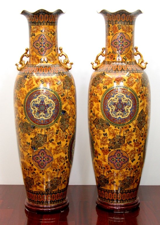 LARGE PAIR ORIENTAL MUSEUM QUALITY HP FLOOR VASES: 59"H X 16"W Large pair of oriental museum quality hand painted floor vases. 2 pieces.
