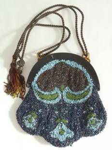 Antique Art Nouveau Celluloid & Glass Beads Purse: This is gorgeous Art Nouveau micro beaded purse with celluloid frame and silk ropes with bedded tassels, colors dark blue green and blue, some small nub on the front frame is damaged it was probable p