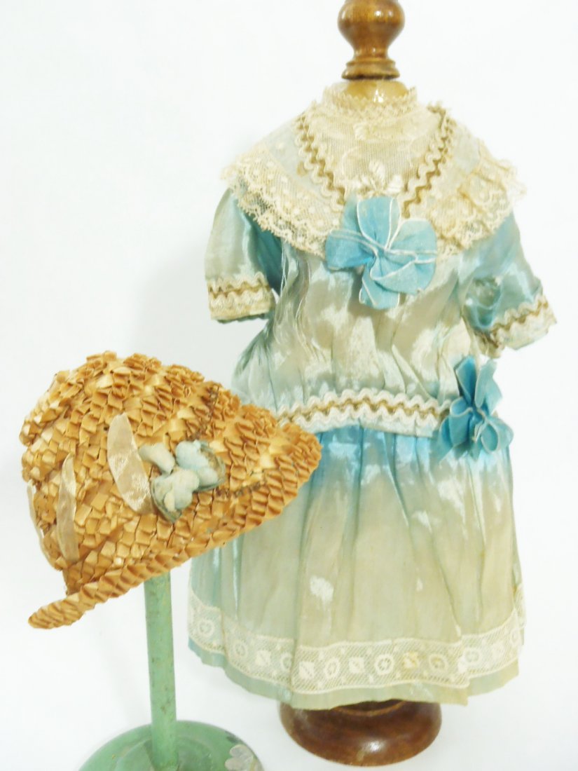 Art Deco Flapper silk BEBE Dress & original Bonnet for: Features factory antique turquoise silk & cotton lace dress and original to this dress straw bonnet & cotton boomers will fit French or German doll about 20 inch tall. In as is condition with silk all