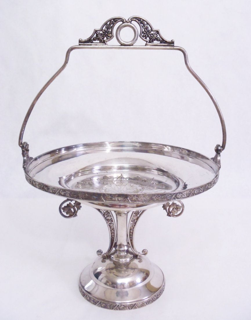 ANTIQUE Wm ROGERS SILVER BRIDES BASKET: ANTIQUE SILVER PLATED BRIDES BASKET CAKE STAND TRIBLE PLATE WITH HAND CHASED DESIGN STANDS ABOUT 13 INCH TALL