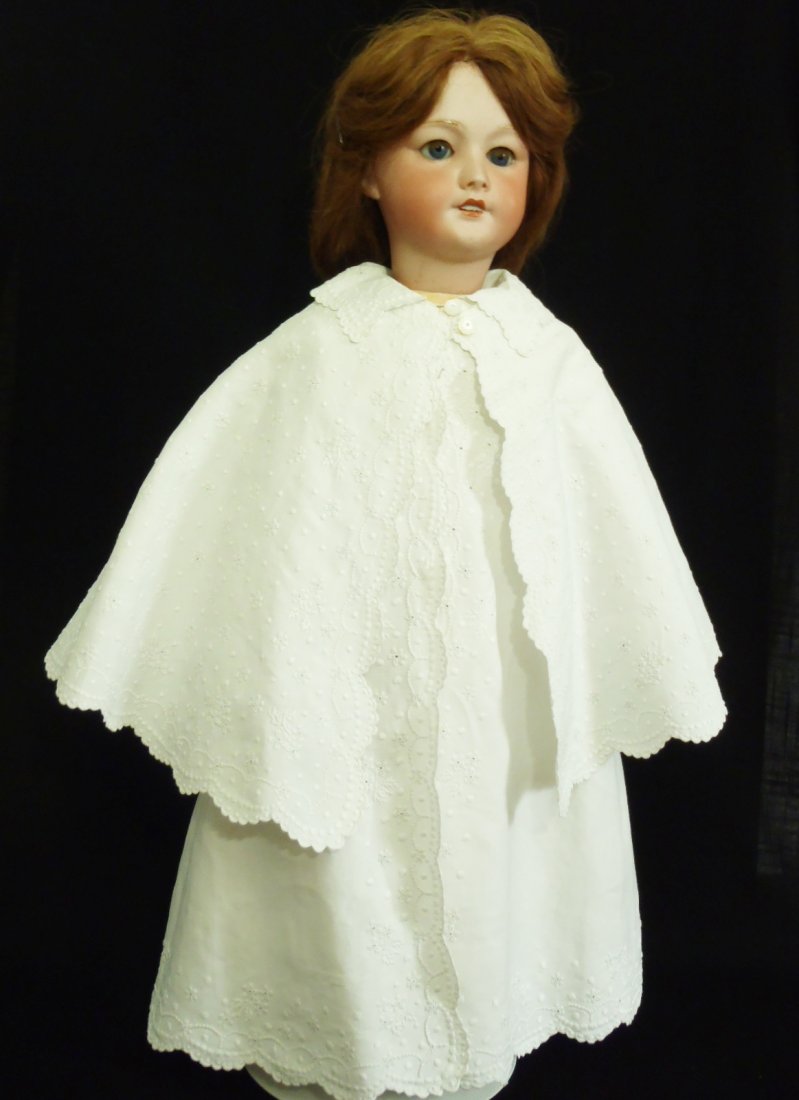 ANTIQUE HANDMADE COTTON COAT/DRESS HAND EMBROIDERED: ANTIQUE HANDMADE COTTON COAT/DRESS ALL HAND EMBROIDERED AND HANDMADE COAT/DRESS WILL FIT 27-32” ANTIQUE DOLL, 21” LONG AND IN EXCELLENT CONDITION, SHOWN ON MY 27” FRENCH DOLL (DOLL IS NOT INCLUD