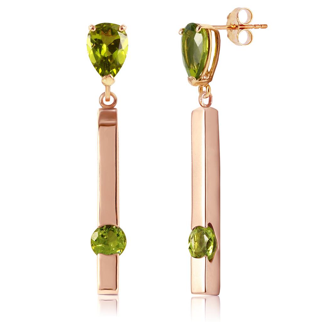 4.25 Carat 14K Solid Rose Gold Bar Earrings Peridot: 4.25 Carat 14K Solid Rose Gold Bar Earrings Peridot -- Peridot; Metal Color:Rose Gold; Condition: New With Tags; TWC: 4.25 ;Metal: 14 K. Solid Rose Gold ;Stone: Natural; Width: 0.24in (6.1mm); Height: