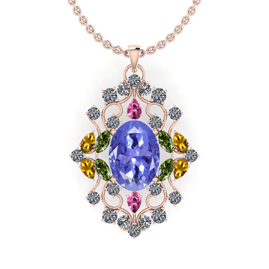 12.10 Ctw SI2/I1 Multi Sapphire,Tanzanite And Diamond 1: 12.10 Ctw SI2/I1 Multi Sapphire,Tanzanite And Diamond 14K Rose Gold Necklace -- Center Stone Approx Weight: 8.00 Ctw Oval cut Center Stone Color: Tanzanite Multi Stone Color: Pink ,Yellow,Green Sapphi