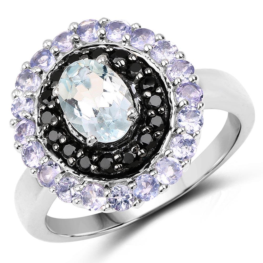 1.77 CTW Genuine Aquamarine, Black Spinel and Tanzanite: 1.77 CTW Genuine Aquamarine, Black Spinel and Tanzanite .925 Sterling Silver Ring -- 1.77 CTW Genuine Aquamarine, Black Spinel and Tanzanite .925 Sterling Silver Ring #NGFY90854