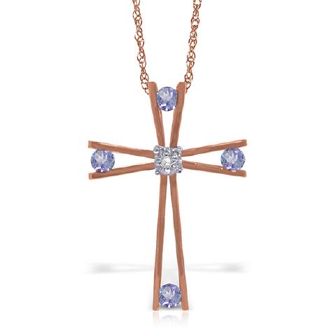 14K Real Rose Gold Cross Necklace w/ Natural Diamond &: 14K Real Rose Gold Cross Necklace w/ Natural Diamond & Tanzanites -- Metal: 14K Solid Gold; Item Weight: 3.50 gr.;Diamonds: 1 ROUND cut, H-I color, SI-2 clarity = 0.03 ct4 TANZANI cut, ROUND color, cl