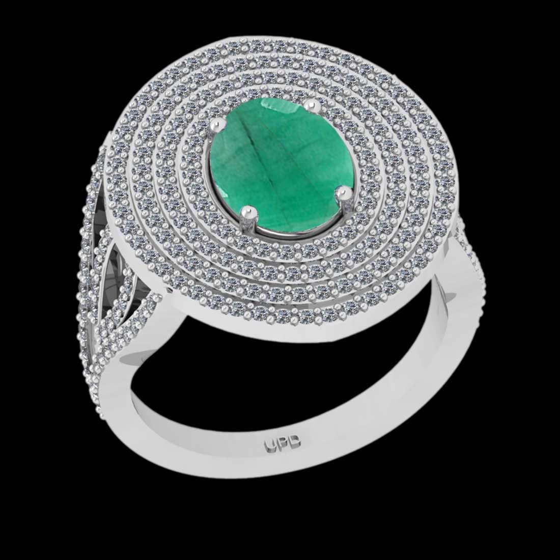 3.13 Ctw VS/SI1 Emerald and Diamond 14K White Gold Engagement Halo ring (ALL DIAMOND ARE LAB GROWN ): 3.13 Ctw VS/SI1 Emerald and Diamond 14K White Gold Engagement Halo ring (ALL DIAMOND ARE LAB GROWN ) -- Center Stone Weight : 2.00 Ctw ( Oval cut) Center stone Color :- Emerald Stone Setting : Prong S