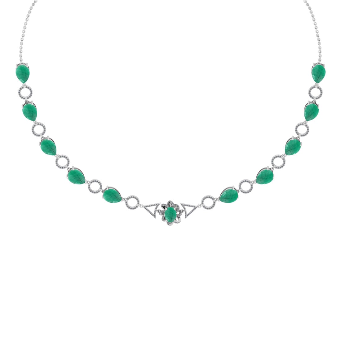 22.57 Ctw VS/SI1 Emerald And Diamond 14K White Gold Necklace ALL DIAMOND ARE LAB GROWN: 22.57 Ctw VS/SI1 Emerald And Diamond 14K White Gold Necklace ALL DIAMOND ARE LAB GROWN -- Center Stone Weight : 21.50 Ctw ( Pear & Oval Cut ) Center Stone Color : Emerald Stone Setting : Prong Side Di