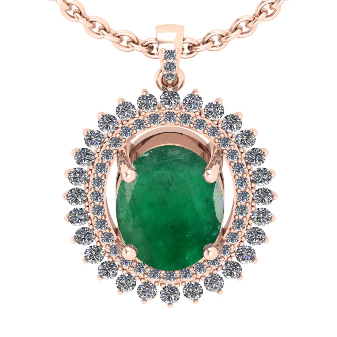 3.56 Ctw VS/SI1 Emerald And Diamond 18K Rose Gold Necklace (ALL DIAMOND ARE LAB GROWN ): 3.56 Ctw VS/SI1 Emerald And Diamond 18K Rose Gold Necklace (ALL DIAMOND ARE LAB GROWN ) -- Color Stone Weight : 3.00 Ctw (Oval Cut ) Center Stone Color : Emerald Center Stone Setting : Prong Side Ston