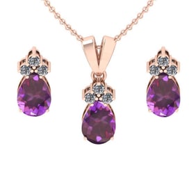 4.15 Ctw VS/SI1 Amethyst and Diamond 14K Rose Gold Pendant +Earrings Necklace Set (ALL DIAMOND ARE