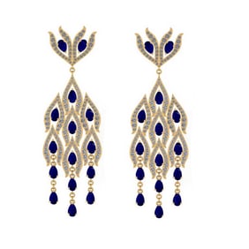 10.88 CtwVS/SI1 Blue Sapphire And Diamond 14K Yellow Gold Dangling Earrings( ALL DIAMOND ARE LAB