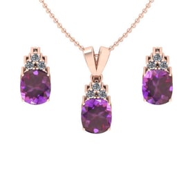 7.95 Ctw VS/SI1 Amethyst and Diamond 14K Rose Gold Pendant +Earrings Necklace Set (ALL DIAMOND ARE