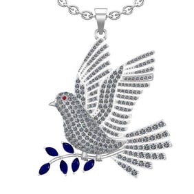 4.32 Ctw VS/SI1 Blue Sapphire and Diamond 14K White Gold Fly Bird Necklace (ALL DIAMOND ARE LAB
