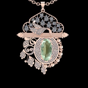 22.47 Ctw VS/SI1 Green Amethyst And Diamond 14K Rose Gold Necklace( ALL DIAMOND ARE LAB GROWN )