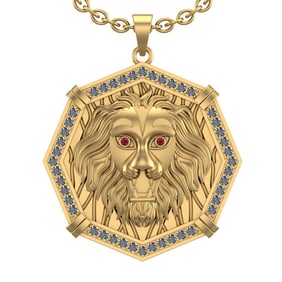 1.57 Ctw VS/SI1 Ruby And Diamond 14K Yellow Gold Lion Head Leo Charm Necklace ALL DIAMOND ARE LAB