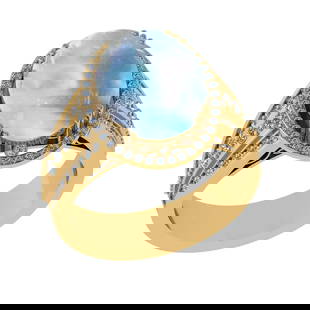 5.95 Ctw I2/I3 Rainbow Moonstone And Diamond 10K Yellow Gold Engagement Rin: Center Stone Weight : 5.35 Ctw ( Oval Cab ) Center Stone Color : Rainbow Moonstone Stone Setting : Prong Side Diamond Weight Of Ctw 0.60 Ctw Side Stone Color : J-K Stone Clarity : I2/I3 Stone Setting