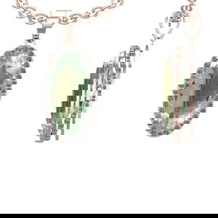 17.79 Ctw VS/SI1 Green Amethyst and Diamond 14K Rose Gold Necklace (ALL DIA: Color Stone Weight : 16.51 Ctw ( Oval Cut) Stone Color :- Green Amethyst Center Stone Setting : Prong Side Weight Of Ctw 1.28 Ctw Color : J-K Clarity : VS/SI1 Stone Setting : Prong Metal Weight : Appr